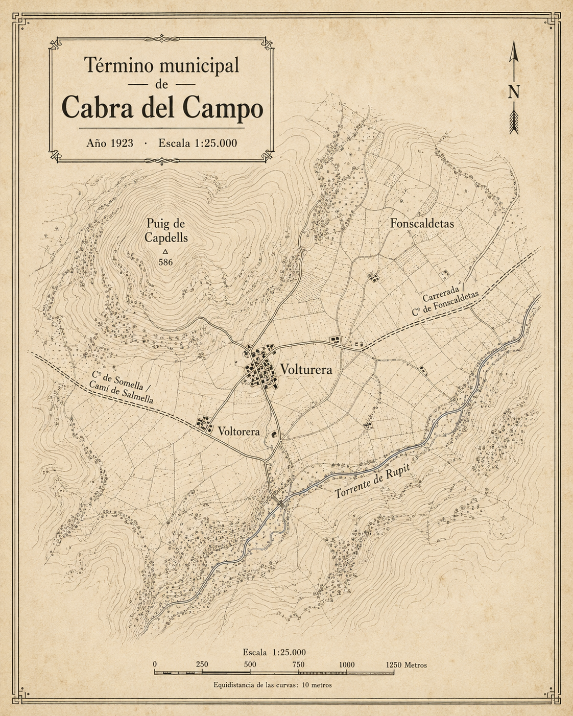 Recreación visual de un mapa topográfico de 1923 de Volturera
